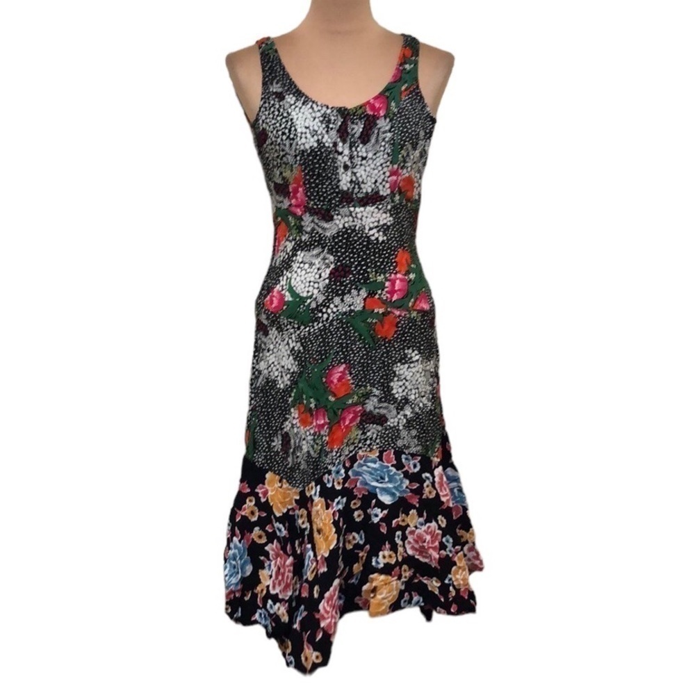 Anthropologie Maeve Violette Midi Dress Size 0 Black Floral Asymmetrical Hem